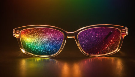 Sunglasses with rainbow reflection on dark background. Selective focus.の素材