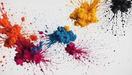 Multiple vibrant ink splashes in various colors including orange, blue, yellow, pink, and black erupt against a clean white background. The splashes are dynamic and spread outwards, creating a sense of motion and energy. Small droplets and fine spray are visible around the main bursts of color.の素材