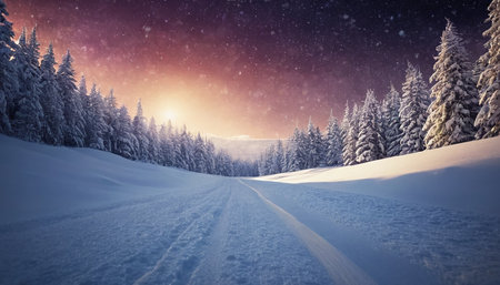 A snow-covered path winds through a dense forest of pine trees. The trees are heavily laden with snow, creating a stark white contrast against the twilight sky. The sky transitions from a deep purple at the to vibrant pinks and oranges near the horizon where the sun is setting or rising. Numerous stars are visible in the upper sky, and gentle snowfall is occurring.の素材