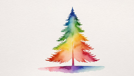 A watercolor painting of a pine tree rendered in vibrant rainbow colors. The tree's branches transition from blue at the through green, yellow, orange, and red towards the bottom. A subtle shadow in shades of purple and blue is cast on the textured white background.の素材