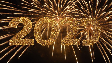 The numbers 2025 are rendered in a sparkling gold glitter texture against a backdrop of a vibrant fireworks display. The fireworks are a mix of golden and white light streaks radiating outwards, creating a sense of energy and celebration. The overall mood is festive and exciting.の素材