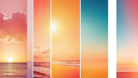 A collage of five vertical panels depicting a beach sunset. The panels showcase a gradient of colors from pink and purple to orange, yellow, and blue. The leftmost panel the sun setting over the ocean with clouds. The subsequent panels show waves, sand, and the sky transitioning through various sunset hues.の素材