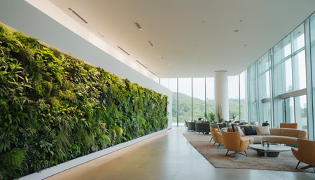 A spacious modern interior lobby a prominent living green wall filled with lush foliage. Large windows offer a view of rolling green hills. The seating area includes a curved beige sofa, yellow armchairs, and a round coffee table on a textured rug.の素材