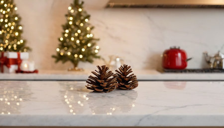 Two brown pine cones rest on a white marble countertop. In the softly blurred background, two small, lit Christmas trees and a white gift box with a red ribbon are visible. A red kettle and a silver teapot are also present on a stovetop in the distance. The countertop has subtle reflections of light.の素材
