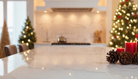 A bright kitchen interior with two decorated Christmas trees, one on the right with warm lights and red ornaments, and another smaller, lighter tree on the left. In the foreground, a marble countertop three red candles and several pinecones. The background a modern kitchen with a stovetop and backsplash, illuminated by warm lighting.の素材