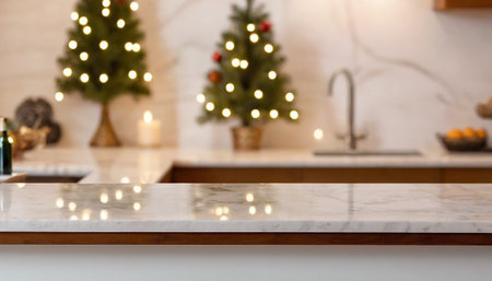 A softly lit kitchen interior two small, decorated Christmas trees with glowing fairy lights. A lit candle sits on the counter between them. In the background, a kitchen sink with a faucet is visible, along with a bowl of oranges. The foreground a marble countertop with a wooden edge.の素材