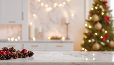 A marble surface in the foreground a collection of pine cones and shiny red Christmas ornaments. In the blurred background, a decorated Christmas tree with golden baubles and red ribbons is visible, along with soft, warm fairy lights and candles, creating a festive and cozy atmosphere.の素材