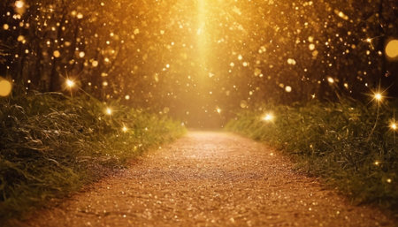 A dirt pathway winds through a forest, illuminated by a bright golden light emanating from the distance. The sides of the path are lined with lush green grass. Numerous small, sparkling lights and bokeh effects are scattered throughout the scene, creating a magical and ethereal atmosphere.の素材