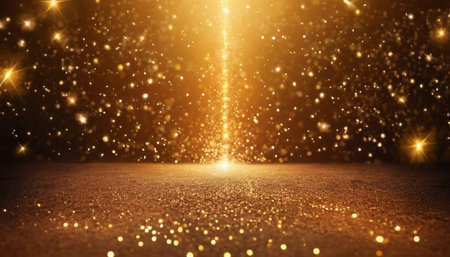 A low-angle view of a textured ground covered in golden glitter. Numerous golden particles and bokeh lights are suspended in the air, with a bright beam of light emanating from the center background upwards. The overall color palette is warm and golden, creating a festive and atmosphere.の素材