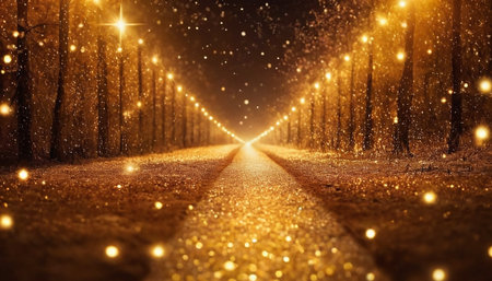 A perspective view down a forest path lined with trees. The ground and air are filled with countless golden sparkling particles and glowing bokeh lights. Strings of small yellow lights are strung between the trees, creating a luminous tunnel effect that recedes into the distance. The overall mood is magical and ethereal.の素材