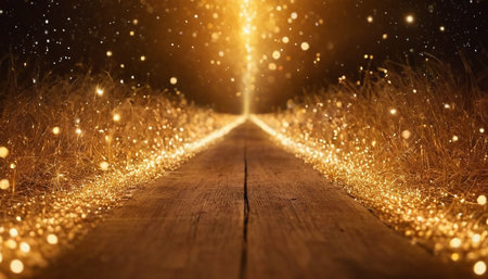 A low-angle view of a rustic wooden path made of planks, leading into a vanishing point. The path is bordered on both sides by dry, golden grass and illuminated by countless small, sparkling golden lights that create a bokeh effect. The background is dark, with more scattered golden lights and a bright, luminous beam of light emanating from the distance.の素材