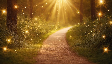 A winding dirt path curves through a sun-dappled forest. Golden sunbeams stream through the trees, illuminating the path and surrounding lush green foliage. Numerous small, bright yellow glowing particles or bokeh effects are scattered throughout the scene, adding a magical and ethereal The overall mood is peaceful andの素材