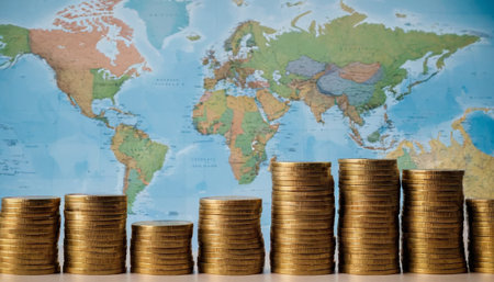 Stacks of gold coins are arranged in ascending height in front of a map. The coins are a bright yellow-gold color and appear to be made of metal. The map is detailed with continents in green, orange, and brown, and oceans in blue. The composition suggests a theme of global finance and wealth accumulation.の素材