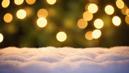 A close-up view of soft, textured snow in the foreground with a blurred background of warm, golden bokeh lights. The snow has a gentle gradient of light and shadow, with hints of purple and blue at the bottom. The bokeh lights are circular and out of focus, creating a festive and atmospheric glow against a dark green backdrop.の素材