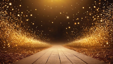 A wooden plank path recedes into a dark background, flanked by a dense field of shimmering golden sparkles and light particles. The sparkles create a bokeh effect, with some appearing larger and brighter than others. The overall mood is magical and celebratory.の素材