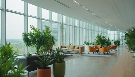 A spacious modern office lobby a long wall of large windows offering a view of the cityscape. Several potted green plants are strategically placed throughout the area, including large palm-like plants and smaller potted plants in terracotta and green pots. Seating includes a beige sectional sofa with a dark coffee table on a grey rug, and a cluster of four bright orange armchairs around a small dark table on another grey rug. The floor is a light grey polished concrete, and the ceiling has...の素材