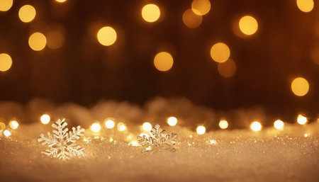 Two clear, faceted snowflakes rest on a bed of sparkling white snow. In the background, a soft bokeh effect of warm golden lights creates a festive and cozy atmosphere. The lighting is warm and inviting, with a shallow depth of field that blurs the background lights into circles.の素材