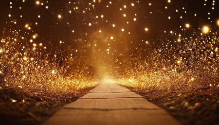A wooden path recedes into the distance, flanked by dry grass and foliage illuminated by countless small, glowing golden lights. The lights create a bokeh effect, appearing as soft, out-of-focus orbs against a dark, warm background. The overall mood is magical and ethereal, suggesting a festive or dreamlike atmosphere.の素材