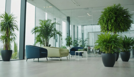A contemporary office lobby large windows and glass walls, allowing natural light to illuminate the space. Potted plants of various sizes and types, including palms and ferns, are strategically placed throughout the area. Seating includes a light green armchair, a blue armchair, and a dark blue armchair, arranged around a minimalist white coffee table. The flooring is a light gray, and the overall atmosphere is clean, spacious, and serene.の素材