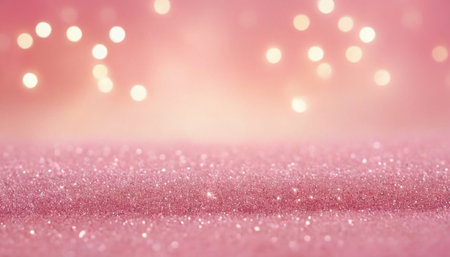 a vibrant pink glitter surface in the foreground, catching the light and sparkling. Above it, a soft pink gradient forms the background, transitioning to a lighter hue towards the Scattered across this background are numerous out-of-focus bokeh lights in warm golden and yellow tones, creating a festive and magical ambiance. The shallow depth of field ensures the glitter is sharp while the background is softly blurred, highlighting the textures and light effects.の素材