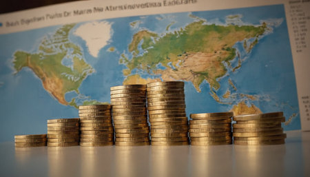 A series of gold coin stacks of varying heights are neatly arranged on a reflective surface. Behind them, a map is displayed, showing continents and oceans. The conveys a sense of global finance, international trade, and the accumulation of wealth. The lighting is soft, highlighting the golden hue of the coins and the details of the map.の素材