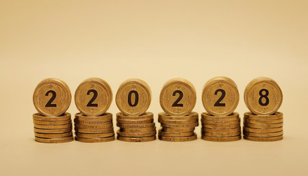 A series of seven stacks of gold coins are arranged in a row. Each stack is topped with a coin that has a number on it, forming the sequence 2, 0, 2, 0, 2, 2, 8. The coins and their stacks rest on a pale yellow surface. The background is a uniform, soft pale yellow, creating a simple and uncluttered visual. The lighting is even and diffused.の素材