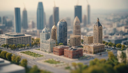 presents a meticulously crafted miniature cityscape featuring a collection of diverse skyscrapers, some with glass facades and others with brick exteriors. The urban layout includes roads with miniature vehicles and pockets of greenery, hinting at urban planning and The background is softly blurred, emphasizing the foreground details and creating a dreamlike The overall impression is that of a detailed diorama, showcasing a vibrant, albeit tiny, urban environment.の素材