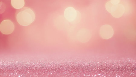 presents a soft pink glitter surface that sparkles subtly, creating a delicate and shimmering texture. The background is a soft blur of warm, out-of-focus bokeh lights, creating a gentle and luminous glow. The overall impression is dreamy and ethereal, with a smooth gradient of pink tones. The shallow depth of field makes the foreground texture prominent.の素材