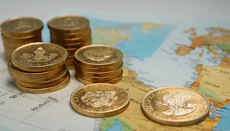 Several stacks of gleaming gold coins are strategically placed on a detailed map. The coins, with intricate visible on their surfaces, suggest international currency or investment. The map, with its continents and geographical markers, emphasizes the global scope of finance and trade. The lighting casts subtle shadows, adding depth and highlighting the texture of both the coins and the map. evokes themes of global commerce, international investment, and the interconnectedness of economies.の素材