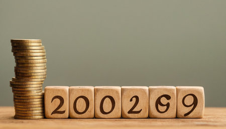 A close-up studio shot a stack of shiny gold coins to the left, with six light-colored wooden blocks arranged to the right. Each block a single dark numeral, spelling out "200269". The background is a soft, muted green, and the wooden surface beneath the adds a natural texture. This composition visually a numerical value or a specific year in conjunction with financial suggesting themes of wealth, data, or time.の素材