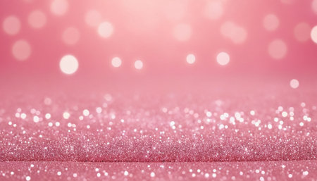 A close-up perspective of a pink glitter surface, resembling a sparkling ground. The fine glitter particles catch the light, creating a soft, shimmering effect. In the upper portion of the a gentle pink gradient is punctuated by soft, out-of-focus bokeh lights. These lights are diffused and warm, contributing to a dreamy, magical, and festive atmosphere. The is backgrounds related to celebrations, beauty, or abstract concepts, offering a sense of enchantment and elegance.の素材
