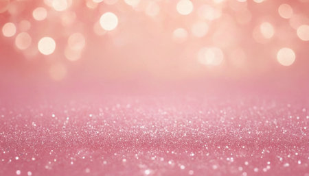 A close-up shot of a pink glitter surface, revealing its fine, sparkling texture. The foreground is sharp, emphasizing the shimmer. The background is a soft gradient of pink and peach tones, adorned with scattered, out-of-focus bokeh lights in shades of white and soft peach. These luminous circles create a gentle, ethereal glow. The overall aesthetic is delicate, romantic, and subtly festive, making it themes related to beauty, celebrations, or events.の素材