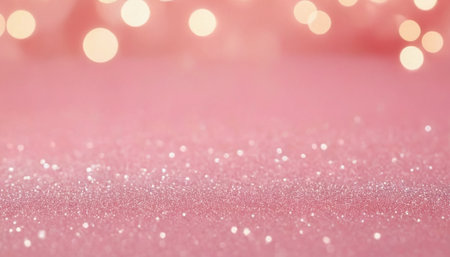 A gentle and background composed of a pink glitter surface. The fine glitter particles create a subtle sparkle and a soft, textured appearance. Above the glitter, a smooth gradient of pink transitions into a lighter shade, illuminated by a scattering of soft, out-of-focus bokeh lights. These lights are round and diffused, contributing to a dreamy and festive ambiance. The offers ample copy space and is well-suited for themes of celebration, beauty, or abstractの素材