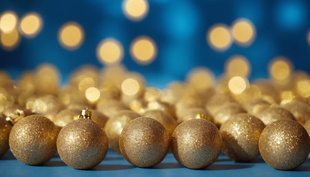 A line of gold Christmas baubles is arranged across the lower part of the frame. Some baubles are smooth and matte, while others a fine glitter texture. They are positioned on a light blue surface. The background is a deep blue, softly blurred with numerous warm yellow circular bokeh lights, creating a festive and magical ambiance.の素材