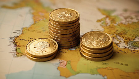 Three distinct stacks of gold coins are placed on a detailed map, creating a visual metaphor for global financial assets and investments. The coins, with their distinct embossed are illuminated to showcase their metallic sheen and perceived value. The map provides a geographical context, suggesting that these financial resources are distributed or influential across the globe. The arrangement of the stacks, with one taller than the others, could imply varying levels of investment or importance.の素材