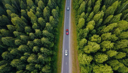 This overhead drone perspective three cars, one red and two white, driving on a straight asphalt road that extends through a dense, green evergreen forest. The trees form a thick canopy on both sides of the road, which is marked with white lines. The captures the movement of vehicles through a natural, expansive landscape, highlighting the contrast between the man-made transportation and the surrounding wilderness. The presence of multiple vehicles suggests a journey or travel route.の素材