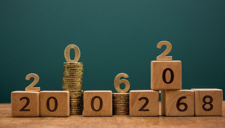 Wooden blocks displaying the numbers 2, 0, 2, 6 are arranged on a wooden surface. Beside the blocks are stacks of gold coins, some topped with individual numbers. The arrangement suggests a progression or increase, possibly related to financial growth or a specific year. The background is a solid teal color, with soft lighting highlighting the and casting subtle shadows.の素材