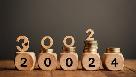 Wooden blocks are arranged in a line, each displaying a number. The numbers form the year 2024. Some blocks stacks of gold coins placed on of them, symbolizing financial growth and prosperity for the upcoming year. The background is a dark, textured surface, and the blocks are placed on a wooden table. The lighting is warm and highlights the coins and wooden texture.の素材