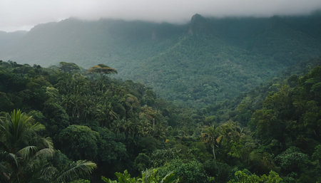 A sweeping vista of a verdant tropical mountain landscape. Dense green forest blankets the rolling hills and steep slopes, with a prominent cluster of palm trees in the mid-ground. A solitary, distinct tree stands atop a distant, mist-shrouded peak, adding a focal point to the scene. The sky is overcast, casting a soft, diffused light over the entire panorama, emphasizing the lushness and depth of the jungle.の素材