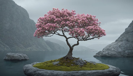 A solitary, ancient-looking tree with a gnarled trunk and a full canopy of delicate pink blossoms stands proudly on a small, moss-covered island. The island is surrounded by calm, blue water, with misty mountains and rocky formations visible in the background. The scene evokes a sense of profound peace and natural beauty, with the vibrant pink of the flowers providing a striking contrast to the muted tones of the landscape. The water's surface reflects the serene surroundings, enhancing the...の素材