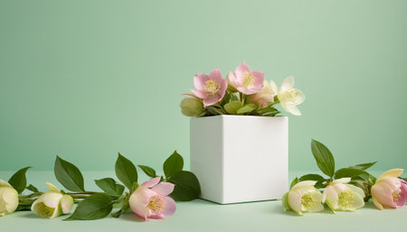 A white square vase, filled with a cluster of pink and white hellebore flowers and green leaves, is the focal point. The vase rests on a pale green surface, with additional hellebore flowers and foliage extending outwards on both sides, some in bud form. The background is a consistent, soft teal. The overall impression is one of delicate beauty and simplicity, themes related to nature, beauty, or product presentation.の素材