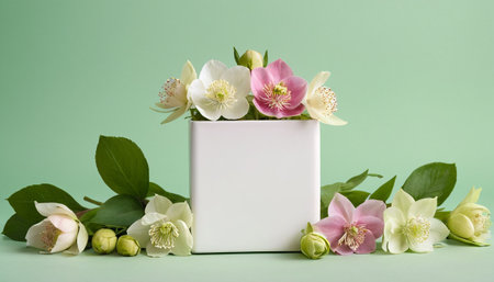 A clean white cube is centrally placed on a pale green surface, surrounded by a lush arrangement of hellebore flowers in various shades of pink and white, interspersed with rich green leaves. More hellebore blooms and buds are scattered along the foreground. The background is a uniform, soft teal. This composition artfully combines natural floral with a minimalist creating a visually appealing and versatileの素材