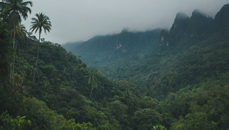 A view of a deep tropical valley, densely covered in lush green vegetation and scattered palm trees. The imposing mountains in the background are shrouded in mist and clouds, creating a dramatic and moody atmosphere. The scene is dominated by various shades of green, from the dark, dense forest floor to the lighter foliage on the slopes. The overcast sky contributes to the serene and somewhat mysterious feel of this remote natural landscape.の素材
