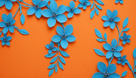 showcases an arrangement of delicate blue paper flowers and leaves meticulously placed on a bright orange surface. The flowers, crafted with intricate detail, appear to be blooming from unseen stems, creating a sense of organic growth. The vibrant contrast between the blue floral and the warm orange background is visually The composition is clean and modern, various applications. The texture of the paper adds a subtle tactile to the visual.の素材