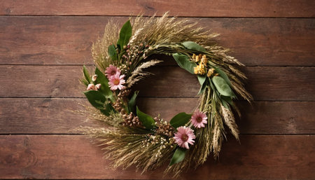 showcases a circular wreath composed of dried wheat stalks, green leaves, and small pink daisy-like flowers. The arrangement is presented against a backdrop of horizontal wooden planks with a weathered texture. The natural and soft colors evoke a sense of rustic charm and organic beauty, seasonal decor or naturalistic themes.の素材
