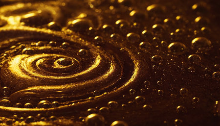 presents a macro perspective of a golden liquid, dominated by a striking spiral vortex. The liquid's dark brown hue is contrasted by bright, golden reflections and highlights, particularly within the swirling pattern. Numerous small, shiny bubbles are scattered across the surface, adding a textured The overall impression is one of dynamic motion and abstract beauty, with a rich, feel.の素材