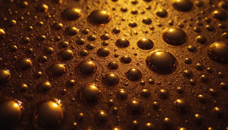 A close-up perspective reveals a multitude of small, golden liquid beads scattered across a dark, textured surface. The beads are predominantly spherical, with some exhibiting slight distortions due to their liquid nature. Each bead is illuminated, showcasing its shiny surface and the way it reflects light. The dark background has a subtle texture that contrasts with the smooth, reflective of the liquid beads. The overall impression is one of richness and a fluid aesthetic.の素材