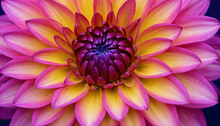 A detailed macro showcases a dahlia flower with a blend of colors across its petals. The outer petals exhibit a soft pink hue that gradually transitions into a warm yellow towards the center, with hints of purple in the innermost layers. The symmetrical arrangement of the petals creates a visually pleasing pattern, emphasizing the natural geometry of the bloom. The sharp focus highlights the delicate texture and smooth color transitions, offering a close-up view of botanical artistry....の素材