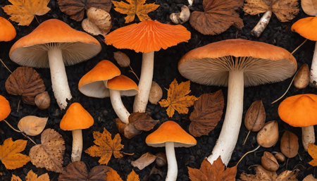 An overhead view presents a collection of large and small orange mushrooms interspersed with dry, fallen autumn leaves. The fungi vary in size and shape, with some showcasing broad, smooth caps and others revealing their delicate gill structures. The leaves are predominantly in shades of brown and muted orange, characteristic of the fall season. The dark, rich forest floor provides a grounding contrast, making the vibrant colors and textures of the mushrooms and foliage more prominent....の素材