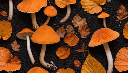 A detailed macro shot showcases a collection of orange mushrooms and dry, fallen leaves resting on a dark, textured ground. The emphasizes the intricate details of the fungi, including the smooth caps, sturdy stems, and the radiating gills. The surrounding leaves, in shades of brown and orange, add a sense of depth and seasonality. The dark background provides a strong contrast, making the vibrant orange of the mushrooms and the warm tones of the leaves stand out prominently.の素材